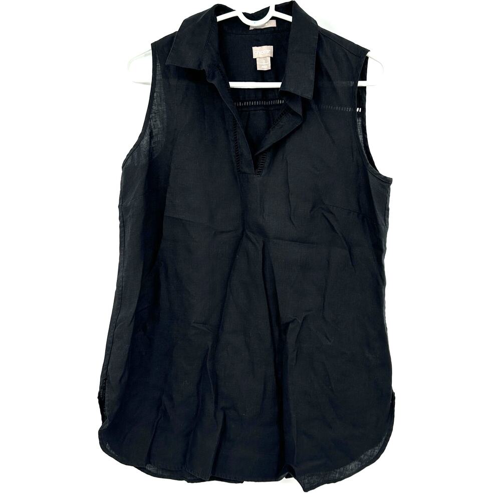 Chico's Size 0 US 4 / 6 Tank Top 100% Linen No Iron Sleeveless Blouse Black